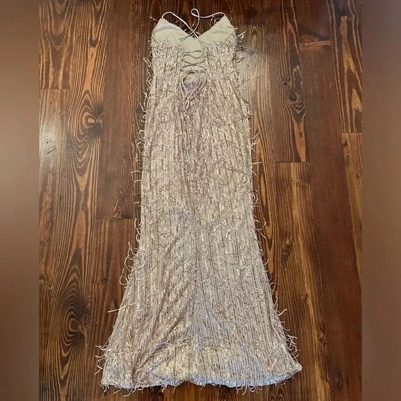 LULUS Endless Festivities Rose Gold Sequin Fringe Lace-Up Maxi Dress Formal Gown - Picture 9 of 13